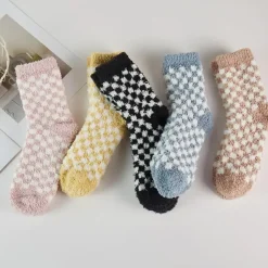 Checkerboard Pattern Fuzzy Winter Socks - Several Colors