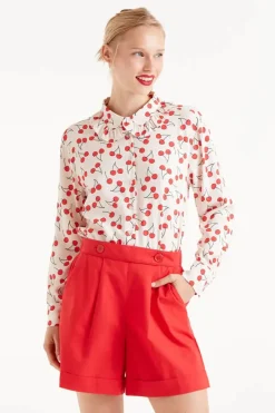 Cherry Print Ruffle Collar Shirt