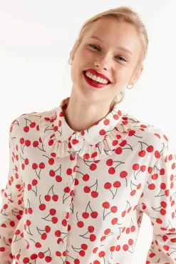 Cherry Print Ruffle Collar Shirt