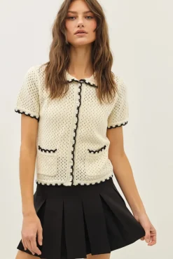 Contrast Scallop Cardigan - Black/Cream