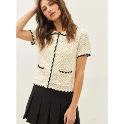Contrast Scallop Cardigan - Black/Cream