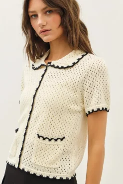 Contrast Scallop Cardigan - Black/Cream
