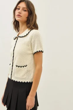 Contrast Scallop Cardigan - Black/Cream