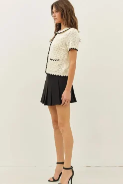 Contrast Scallop Cardigan - Black/Cream