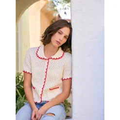Contrast Scallop Cardigan - Red/Cream