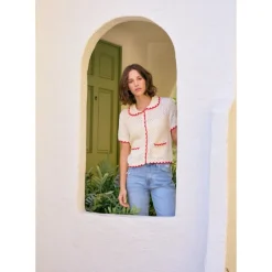 Contrast Scallop Cardigan - Red/Cream