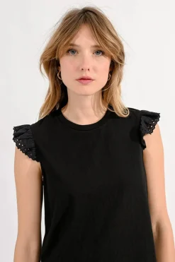 Cotton Ruffled Sleeve Tee - Black