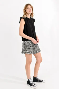 Cotton Ruffled Sleeve Tee - Black