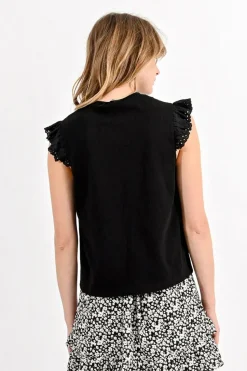 Cotton Ruffled Sleeve Tee - Black