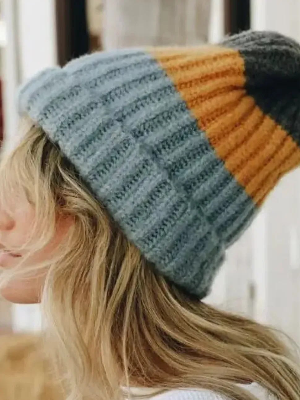 Cozy Color Block Wool Beanie - Blue/Mustard