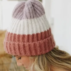 Cozy Color Block Wool Beanie - Rose/Lavender