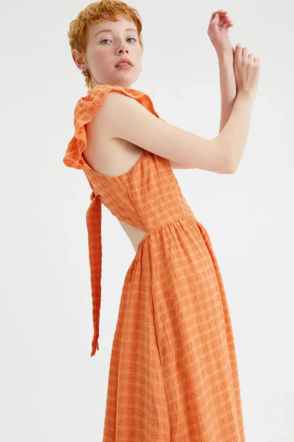 Crinkled Midi Dress with Open Back