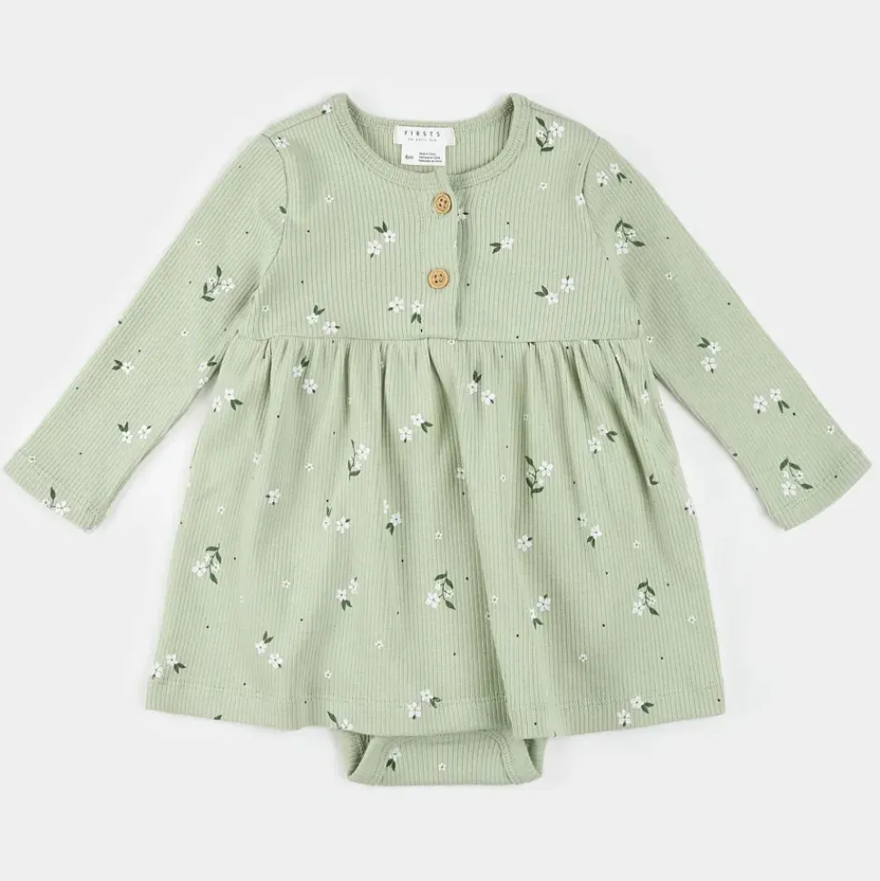 Ditsy Floral Long-Sleeve Bodysuit Dress