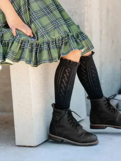 Fancy Lace Top Knee High Socks - Black