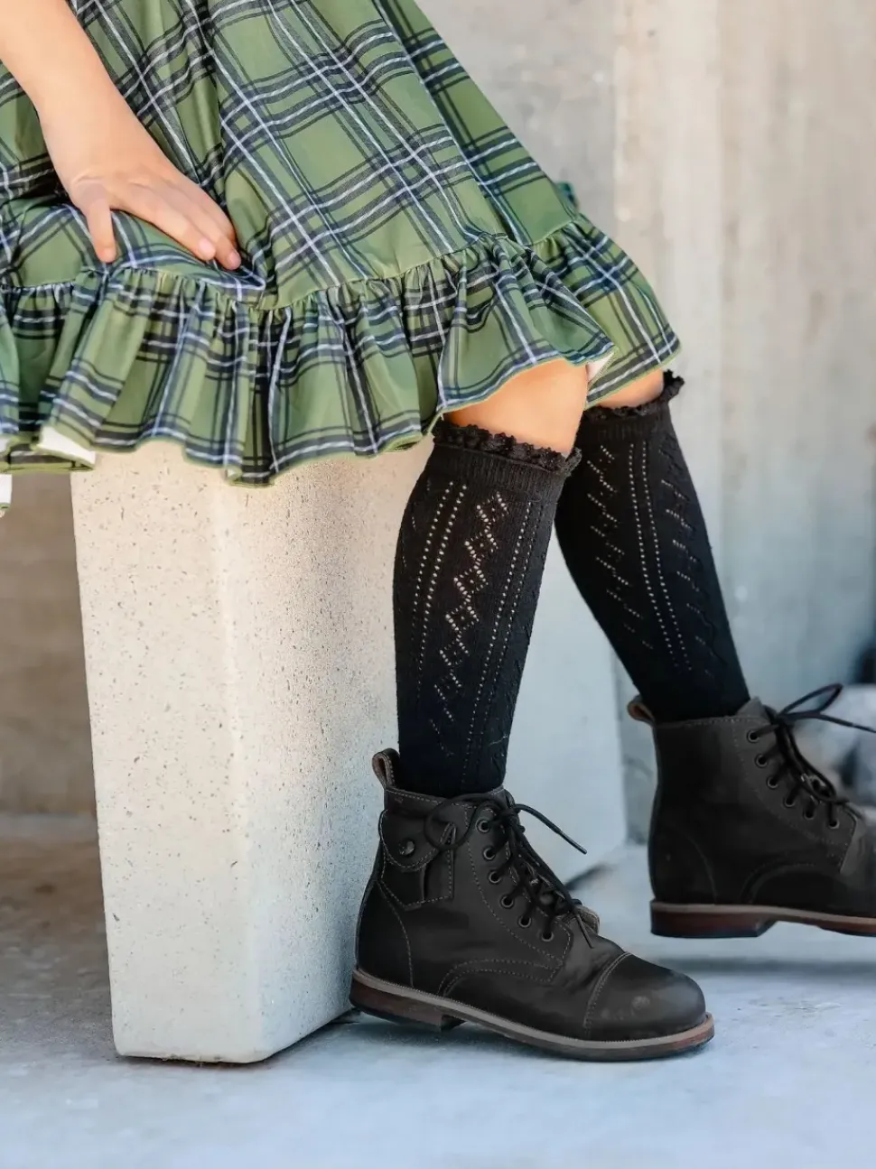 Fancy Lace Top Knee High Socks - Black