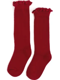Fancy Lace Top Knee High Socks - Cherry