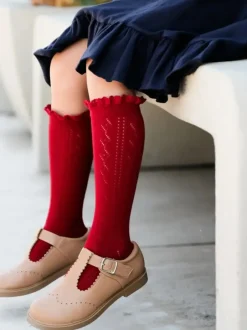 Fancy Lace Top Knee High Socks - Cherry