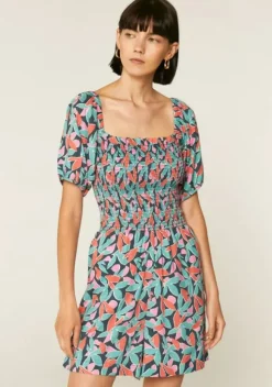 Floral Bird of Paradise Print Smocked Playsuit