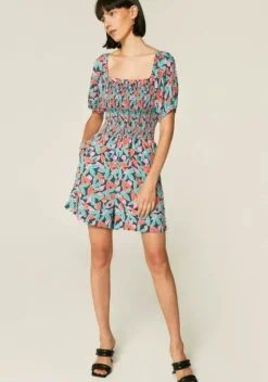 Floral Bird of Paradise Print Smocked Playsuit