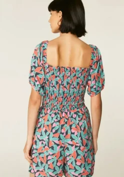 Floral Bird of Paradise Print Smocked Playsuit
