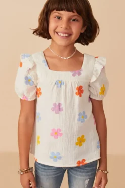 Floral Gauze Textured Square Neck Top