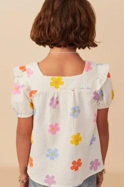 Floral Gauze Textured Square Neck Top