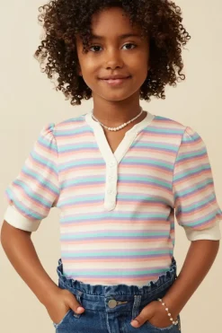 Girls Contrast Banded Button Detail Ribbed Knit