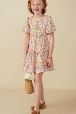 Girls Ditsy Floral Ruffle Tiered Button Dress