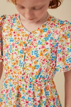 Girls Ditsy Floral Ruffle Tiered Button Dress