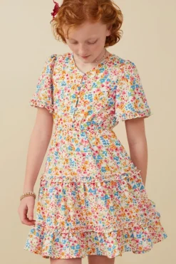 Girls Ditsy Floral Ruffle Tiered Button Dress