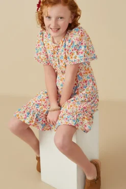 Girls Ditsy Floral Ruffle Tiered Button Dress