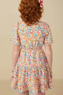 Girls Ditsy Floral Ruffle Tiered Button Dress