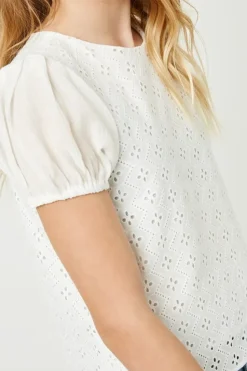 Girls Honeycomb Eyelet Contrast Sleeve Top
