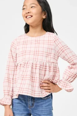 Girls Long Sleeve Plaid Peplum Top