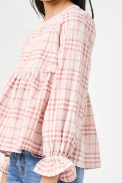 Girls Long Sleeve Plaid Peplum Top