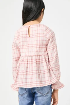 Girls Long Sleeve Plaid Peplum Top