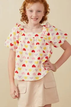 Girls Textured Ruffle Detail Heart Print Top