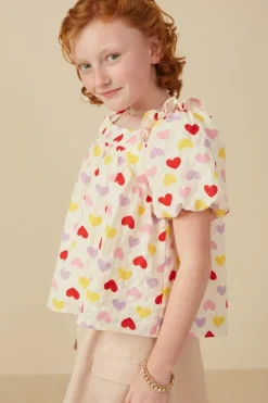 Girls Textured Ruffle Detail Heart Print Top