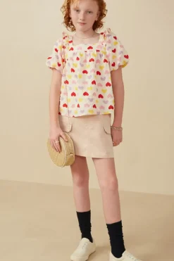 Girls Textured Ruffle Detail Heart Print Top