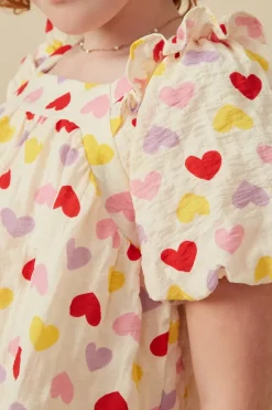Girls Textured Ruffle Detail Heart Print Top