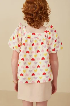 Girls Textured Ruffle Detail Heart Print Top