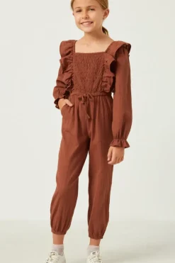 Girls Textured Smocked Bodice Ruffled Jumpsuit