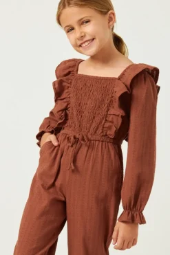 Girls Textured Smocked Bodice Ruffled Jumpsuit