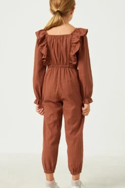 Girls Textured Smocked Bodice Ruffled Jumpsuit