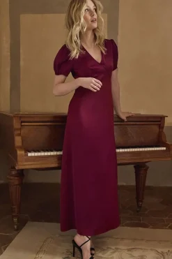 Long Satin Dress - Dark Red