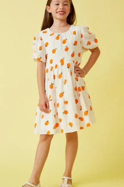 Orange Print Ruffle Sleeve Dress