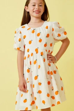 Orange Print Ruffle Sleeve Dress