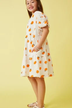 Orange Print Ruffle Sleeve Dress
