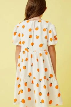 Orange Print Ruffle Sleeve Dress