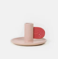 Pink/Red Hand Painted Stoneware Candle Holder